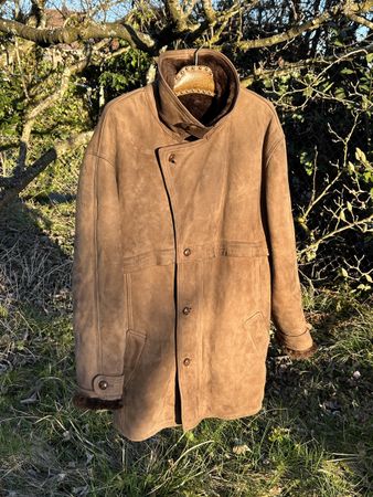 Manteau shearling brun, détails cuir, taille 50