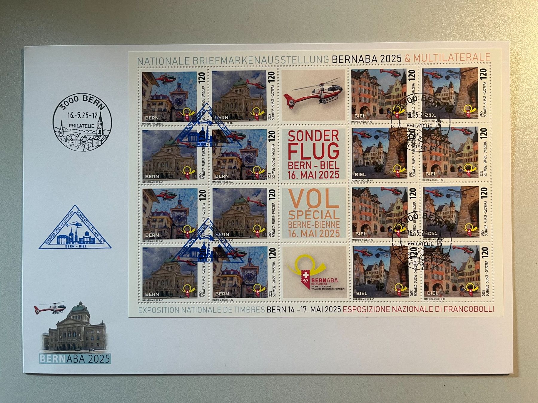Alle Briefmarken: FDC Bogen BERNABA 25 Helikopterflug 16.5.25 geflogen !!! – Neu und originalverpackt aus Arch von Noah819