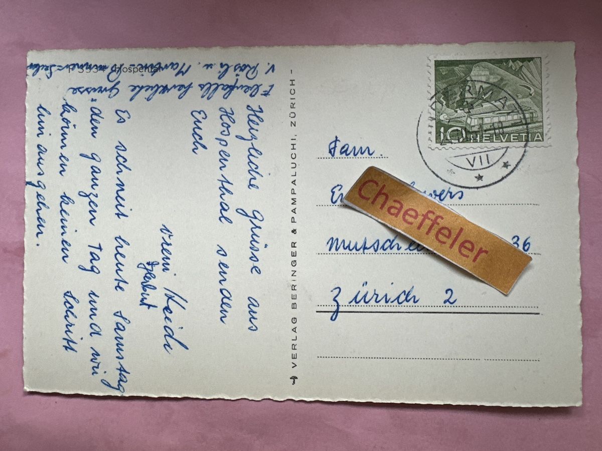 Cartoline postali: 1951  P 3534 Hospental – Usato da Zürich venduto da Chaeffeler 1