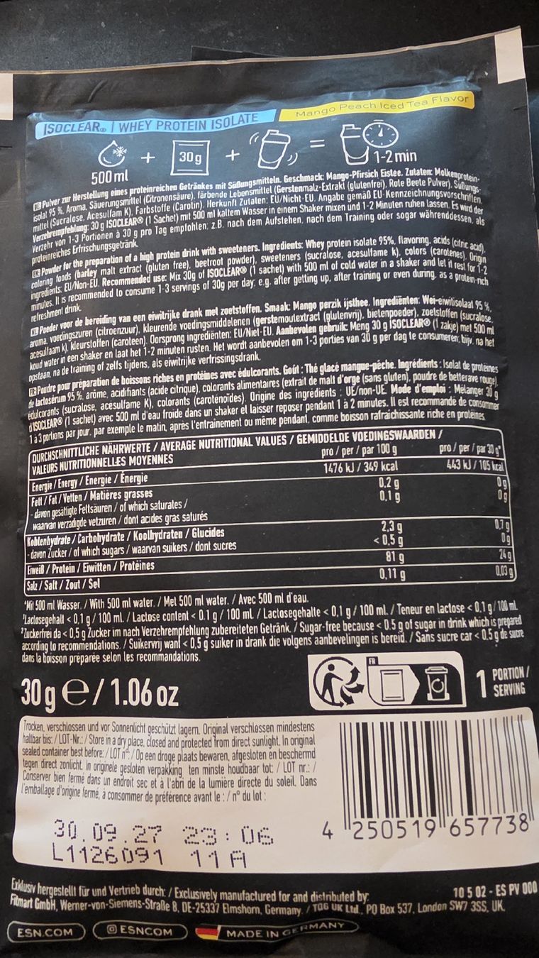 Esn Cibi & Specialità: ESN Isoclear 5x 30 gr Mango Peach Ice Tea – Nuovo e nell'imballaggio originale da Muhen venduto da Savana16 1