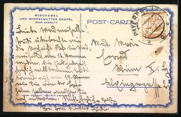 Cartoline postali: Zermatt, Mischabel et Chapelle de Winkel – Usato da Berlin venduto da bartko-reher 1