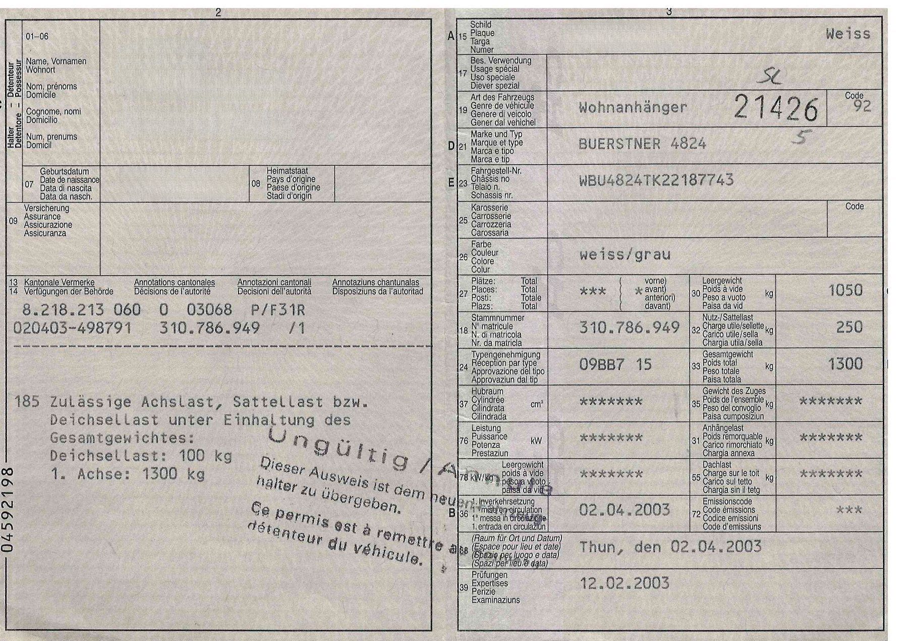Remorques: Wohnanhänger BÜRSTNER 4824 – D'occasion à Winterthur par MCW 9