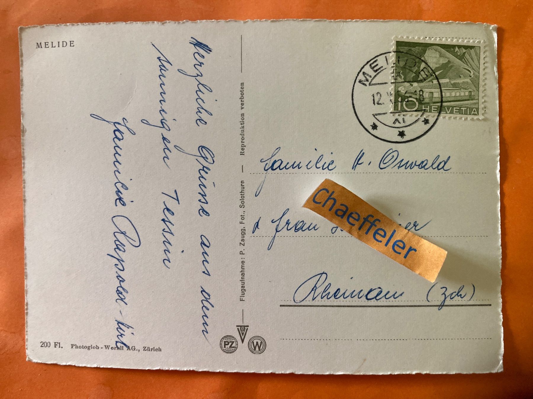 Cartoline postali: 1956 Melide – Usato da Zürich venduto da Chaeffeler 1