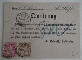 1876 AArau  Quittungs Beleg Aargauer Volksfreundes