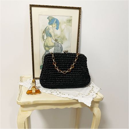 Tasche Henkeltasche Bast gehäkelt schwarz VINTAGE 1950s