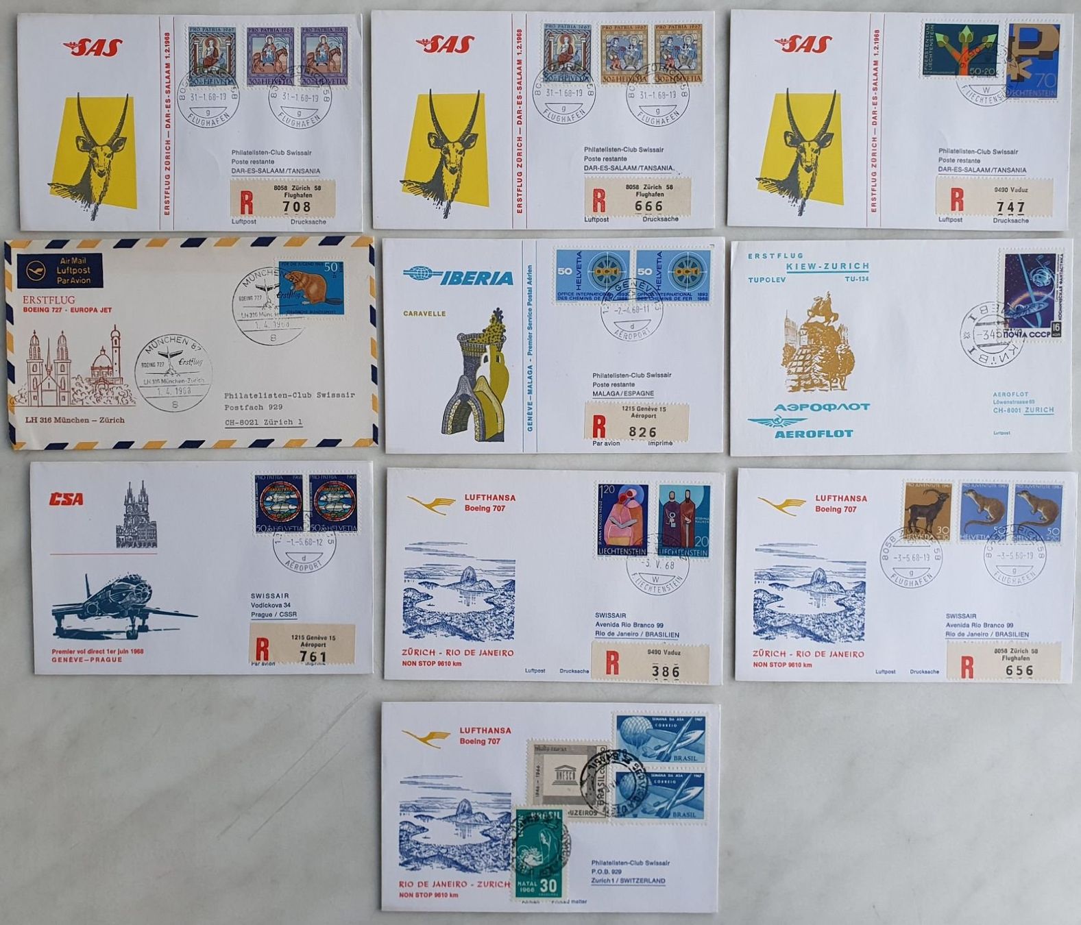 Alle Briefmarken: 10 Erstflüge 1968 – Gebraucht aus Fislisbach von Zigzag12