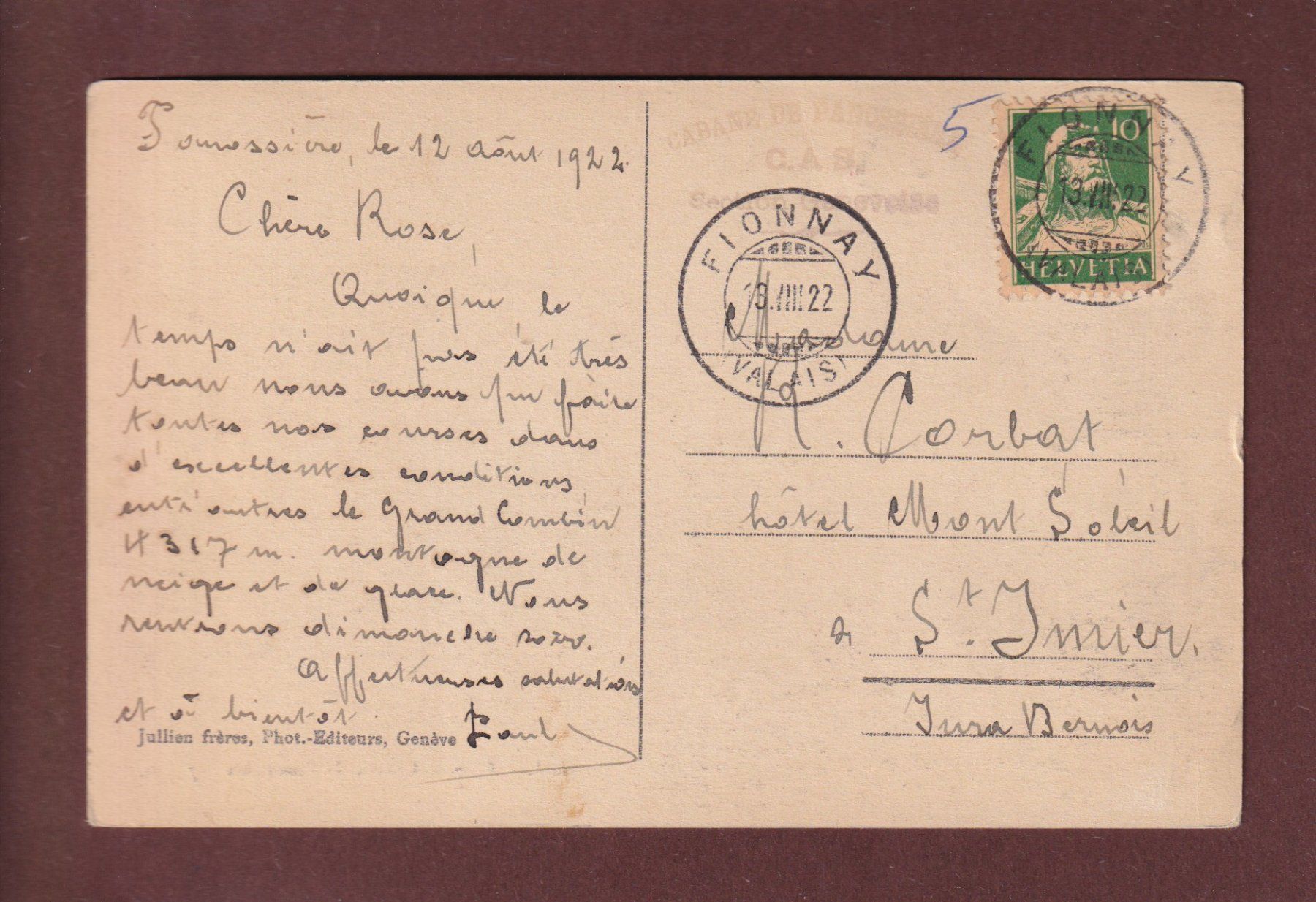 Cartoline postali: Cabane de PANOSSIERE - 1922 – Usato da Pully venduto da nicecards 1