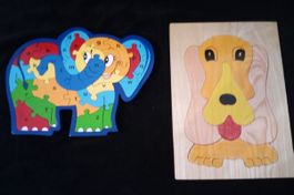 2 Holzpuzzle Elefant mit ABC & Hund