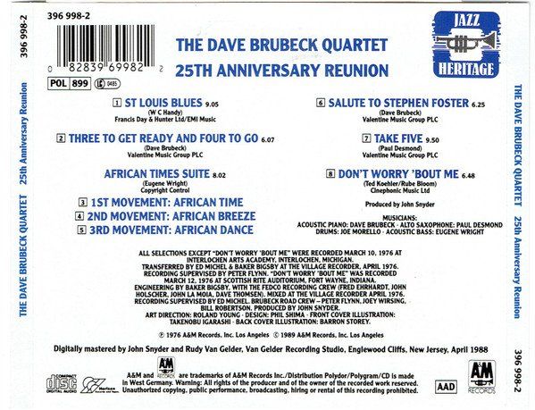 CD: Dave Brubeck, Paul Desmond, Joe Morello, Eugene Wright – Usato da Unterbäch venduto da yohanson 1