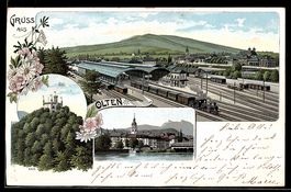 Lithographie Olten, Bahnhof aus der Vogelschau, Burg Säli un
