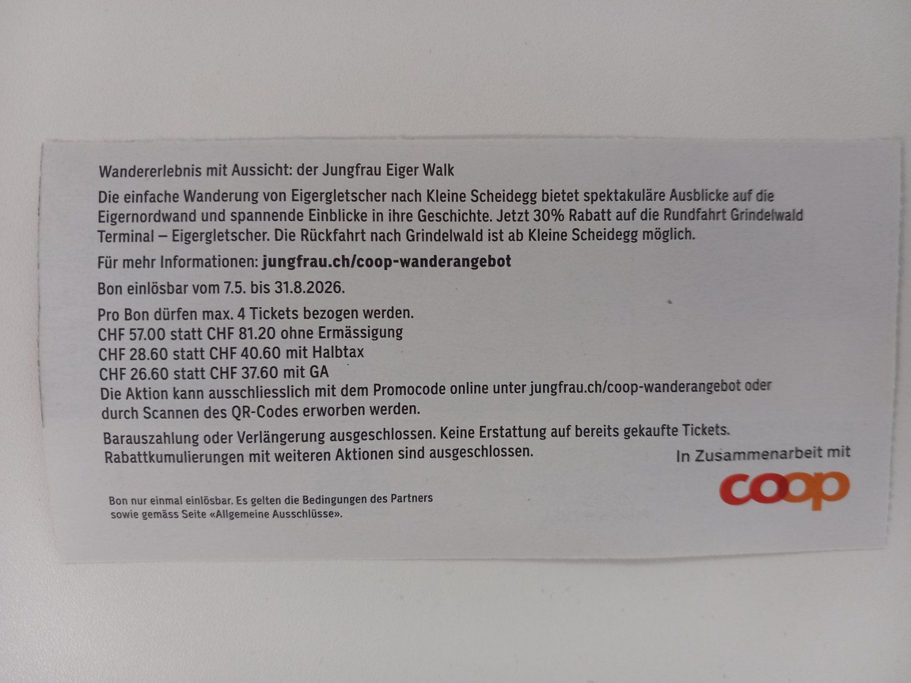 Gutscheine: Jungfraubahnen Eigergletscher, Kleine Scheidegg, 30% Rabatt – Neu und originalverpackt aus Oensingen von Wabuoe 1