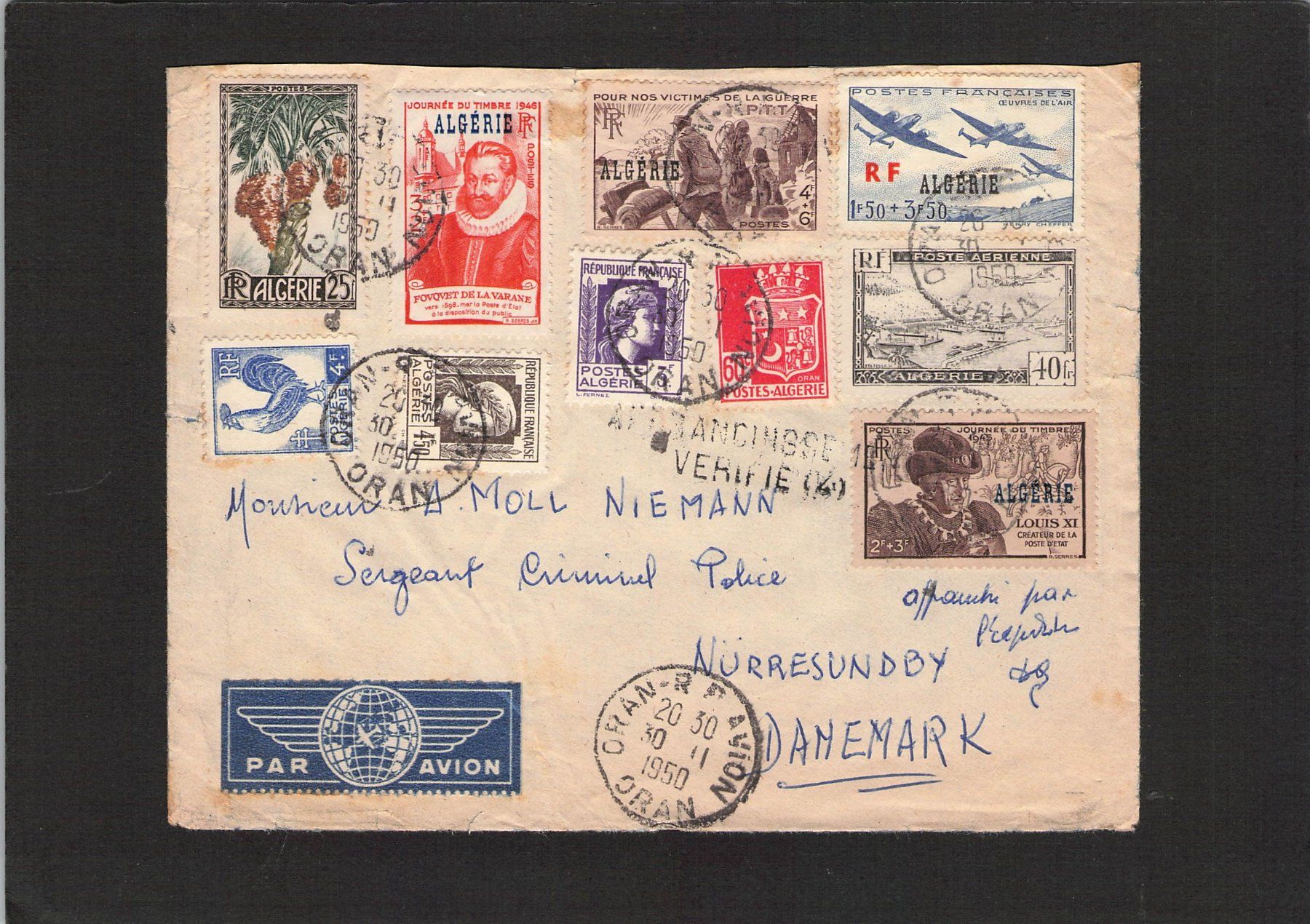 Tutti i francobolli: Flugbrief Algerien - Dänemark , gel. 30.ll.1950 – Usato da Reichenburg venduto da Pipo-67
