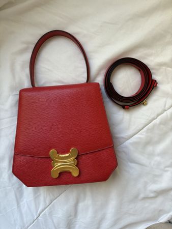 Sac Céline triomphe vintage rouge, cuir véritable