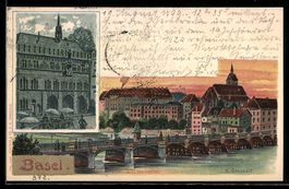 Basel, Alte Rheinbrücke, Rathaus, 1899