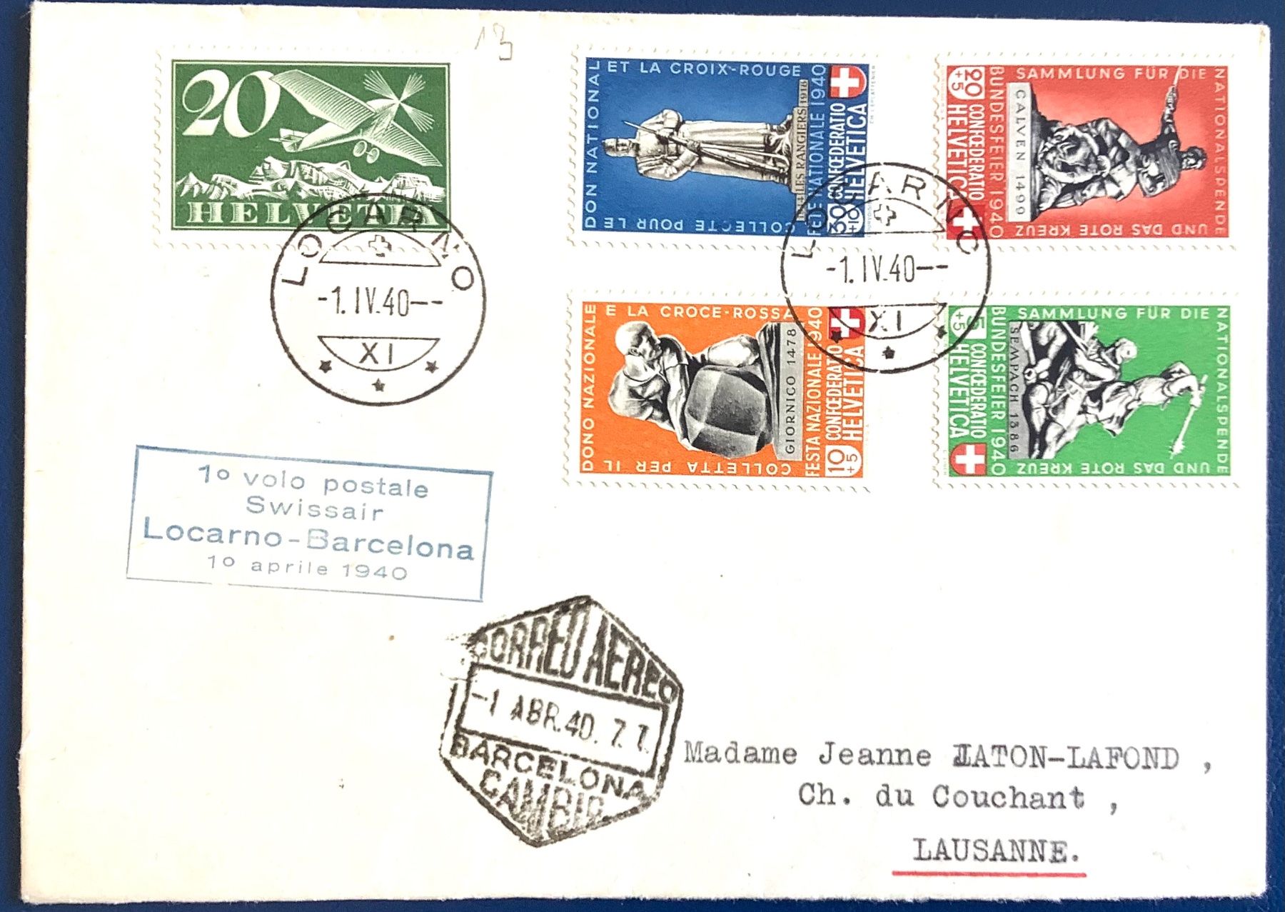 Tutti i francobolli: 1940 -  Flugpostbrief - Locarno-Barcelona – Usato da Liestal venduto da Skunk02