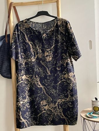 🌞😎🌞Robe tunique coton bleu nuit imprimé 42-46, Neuf