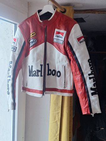 Veste moto cuir Marlboro rouge blanc