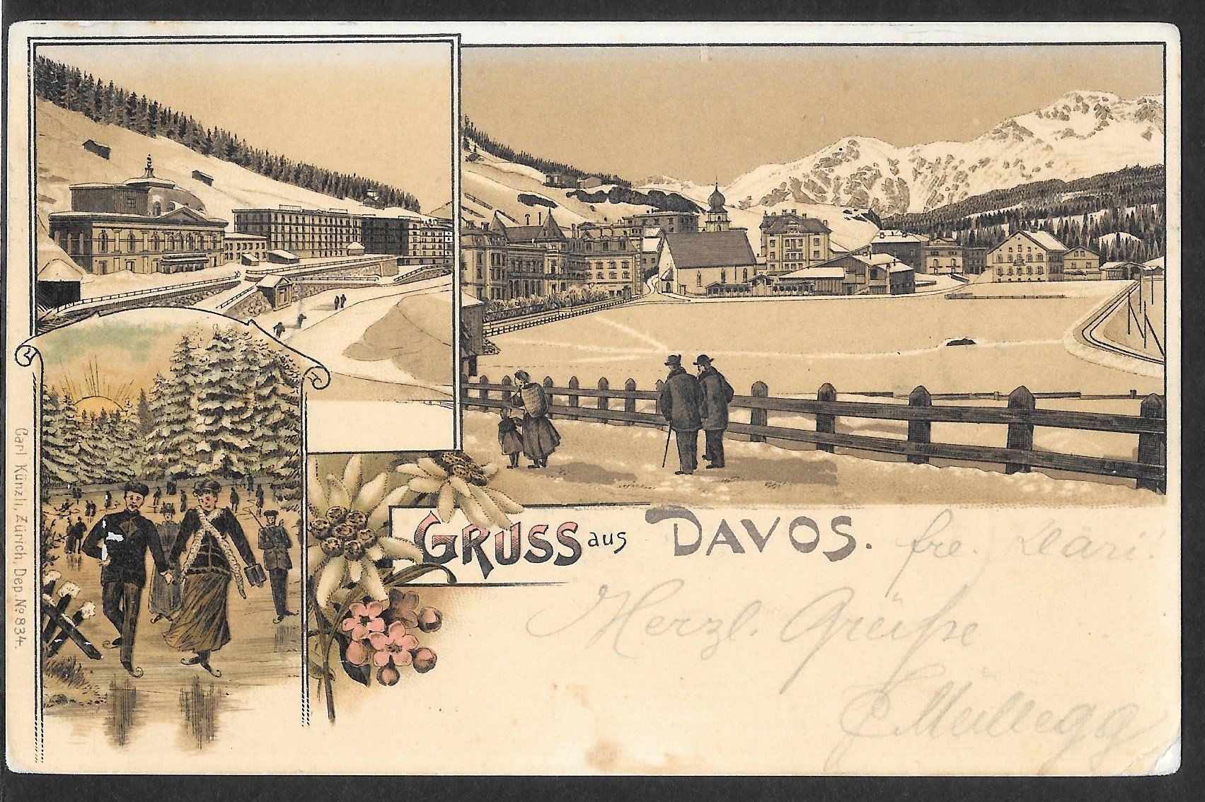 Cartoline postali: Davos braune Lithografie 3 Bilder – Usato da Olten venduto da clotaldi
