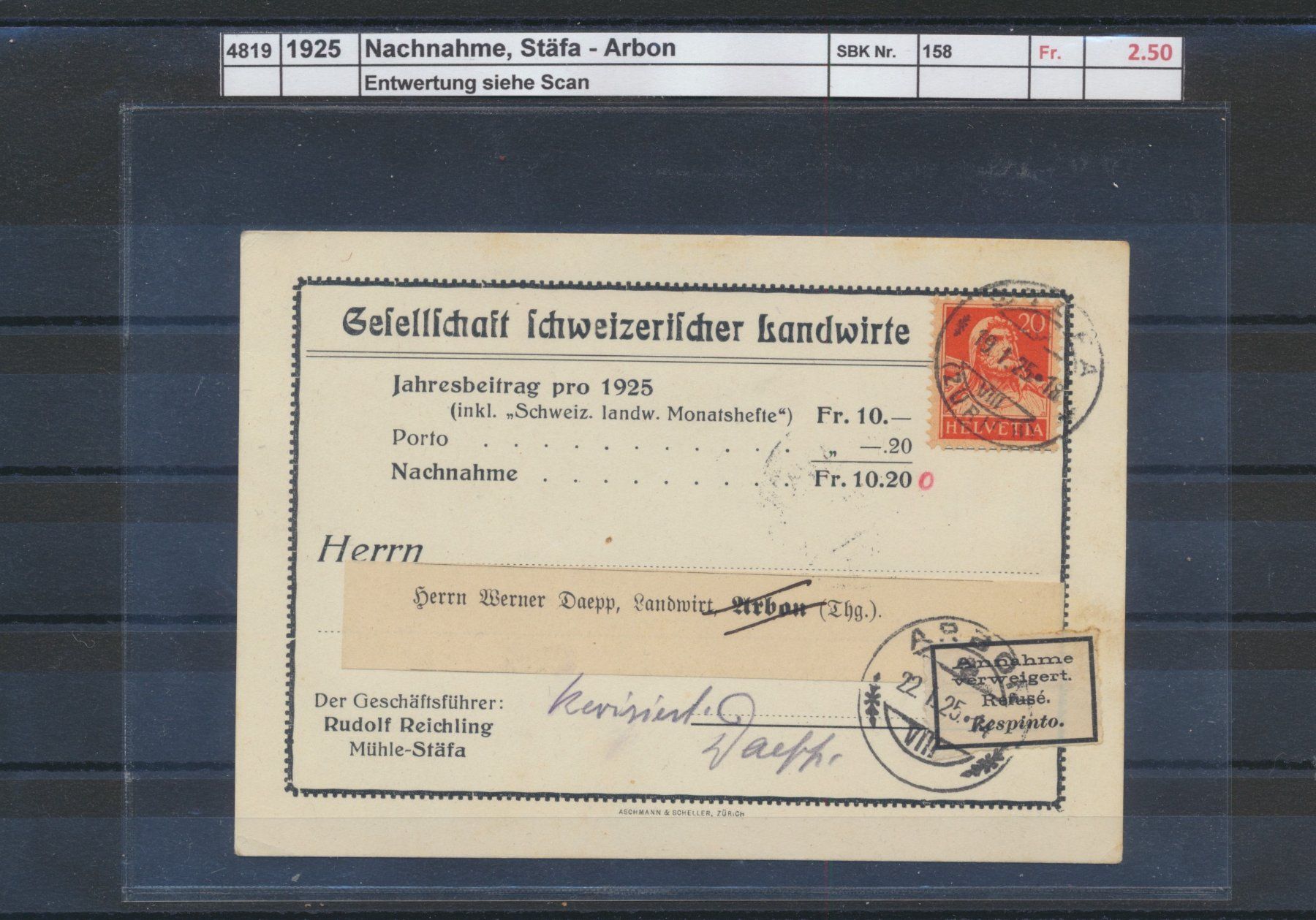 Tutti i francobolli: 1925 Nachnahmekarte, "Stäfa - Arbon" – Usato da Winterthur venduto da Zupogeru