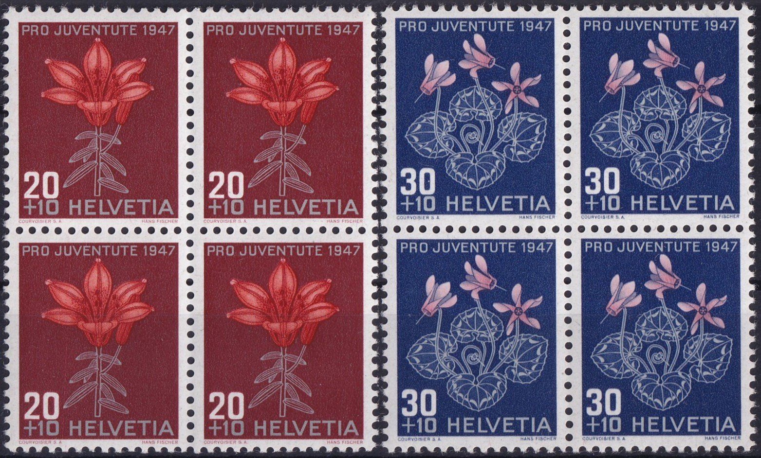Tutti i francobolli: 1947, J121-124 im Viererblock ** postfrisch, Kat: 28.-+ – Usato da Sursee venduto da Luzernerraute 3