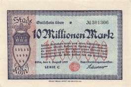 Köln 10 Mil.Mark 09.08.1923  VZ+-VZ++ Serie C WZ Deltamuster