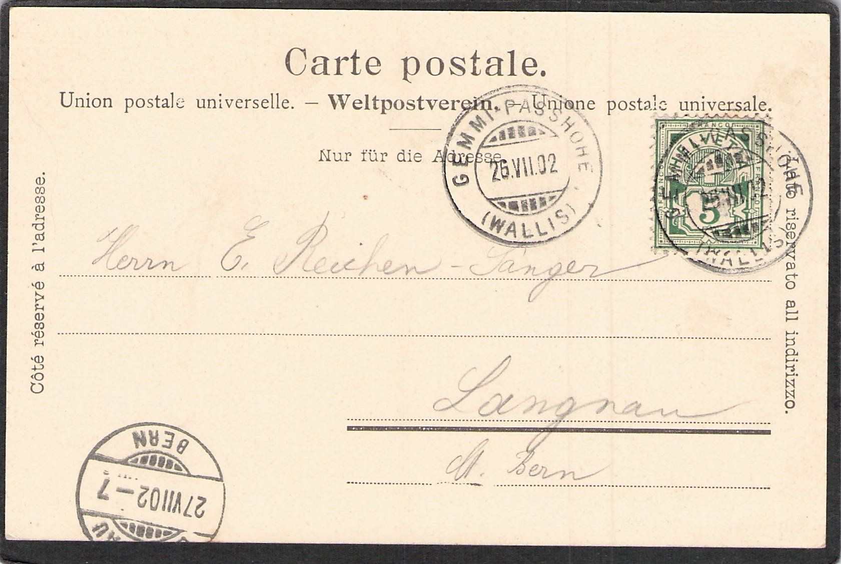 Ansichtskarten: ^Gemmi - Hotel mit Leuk , gel. 1902 – Gebraucht aus Reichenburg von Pipo-67 1
