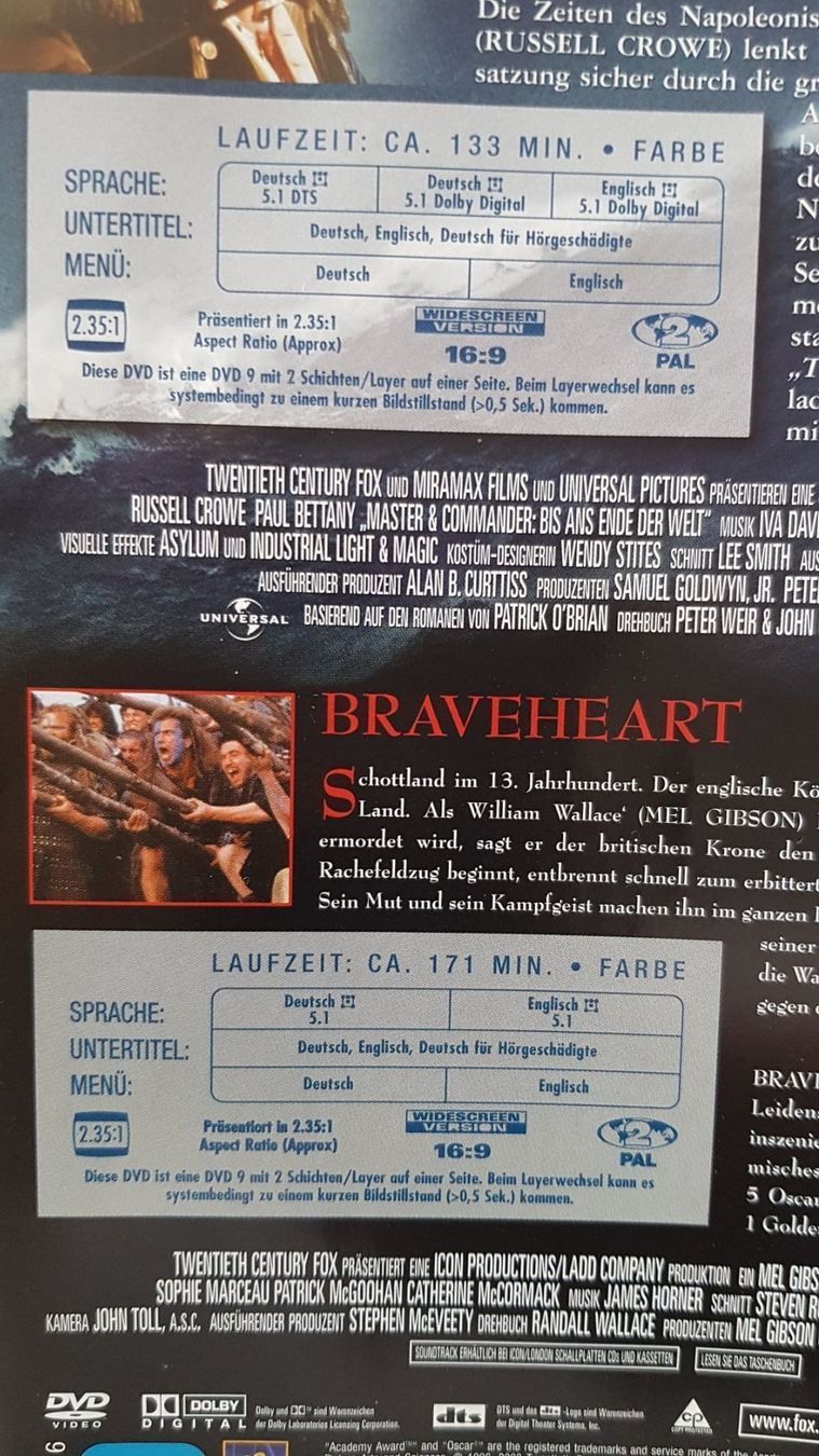 Alle DVDs: DVD 2 Filme Master & Comander Braveheart – Gebraucht aus Oetwil am See von fineli2 1