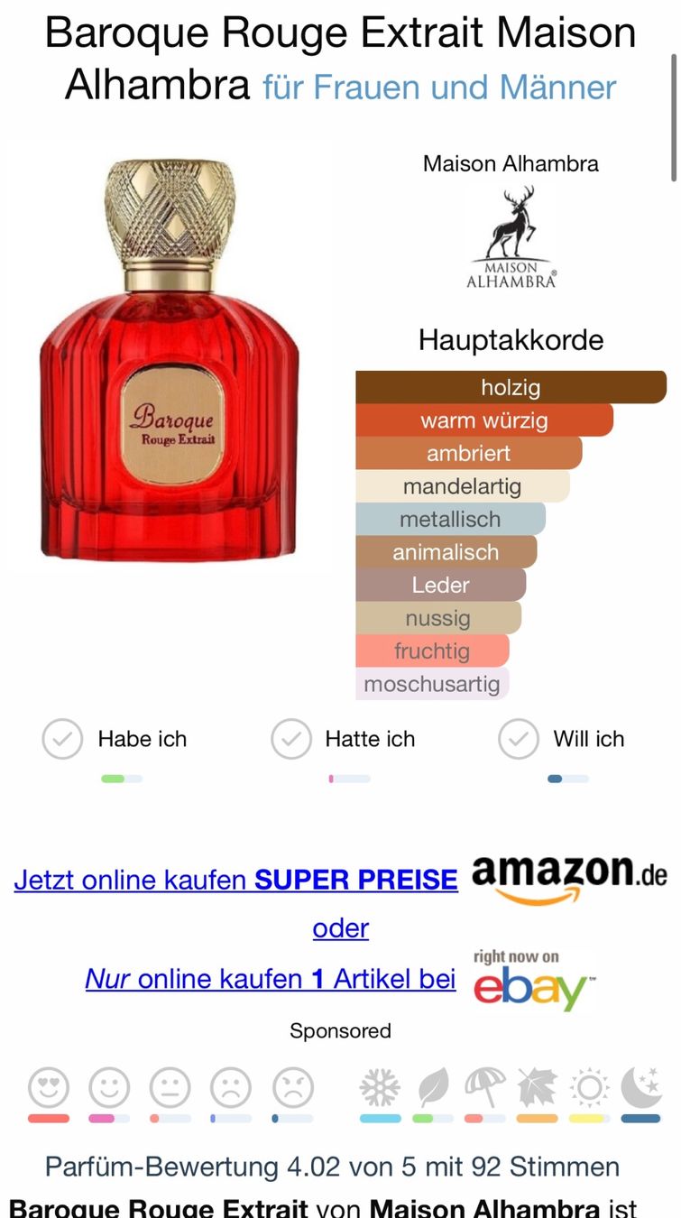 Lattafa Profumi & Eau de Toilette: Alhambra Baroque Rouge Extrait5ML(MFK Baccarat Rouge Extrait – Usato da Zürich venduto da deruja 1