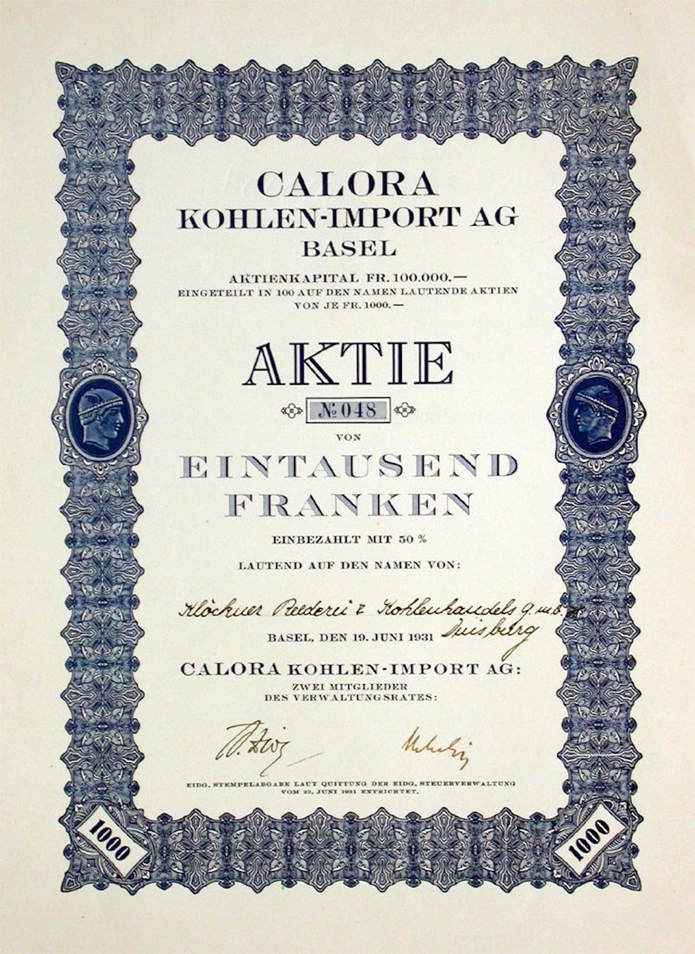 Documenti: Calora Kohlen-Import AG Basel, Basel - 1931 – Usato da Solothurn venduto da Sgasche