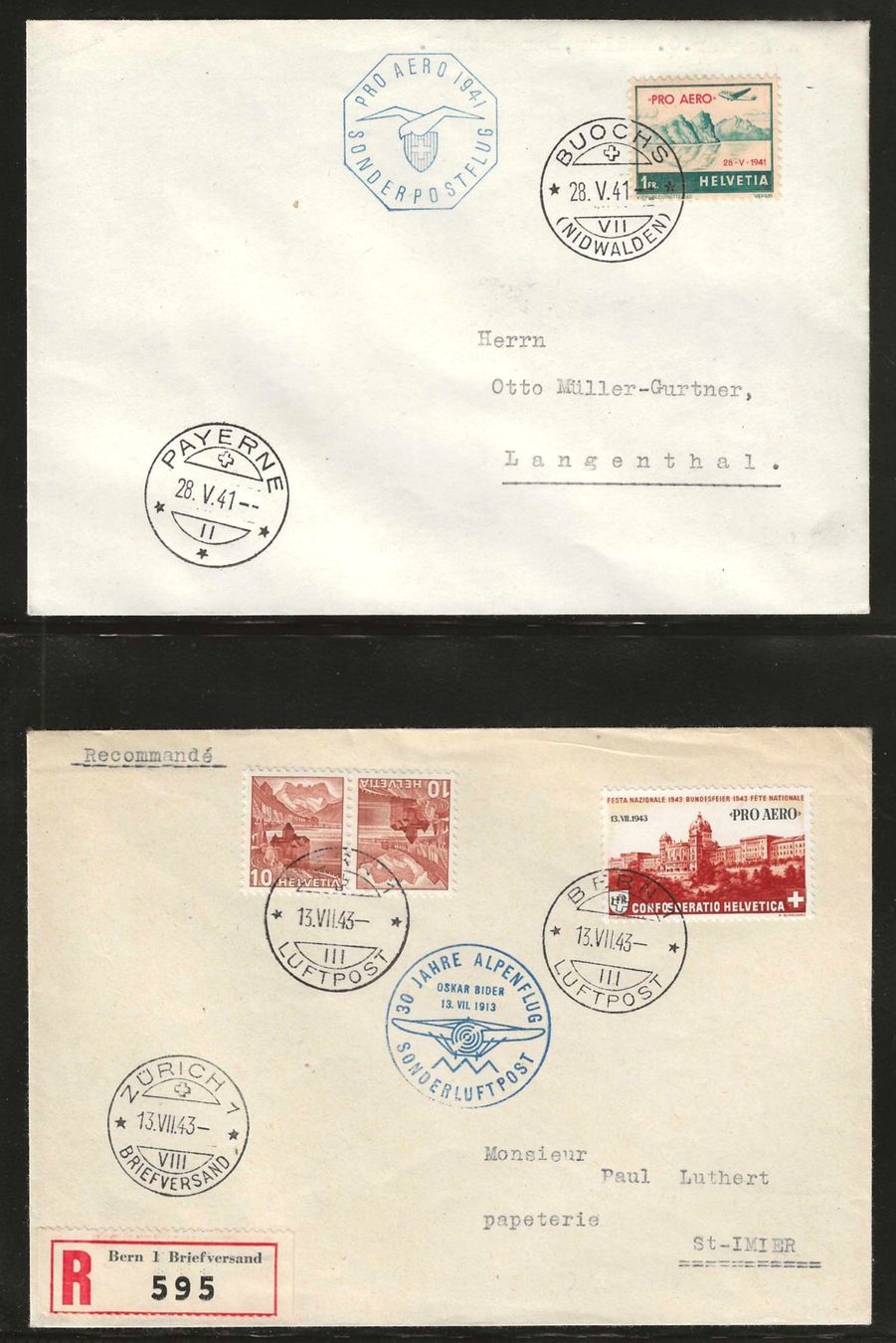 Tutti i francobolli: 1941/1943 : 2 CH Flugpost Briefe – Usato da Gümligen venduto da Geniusbuy