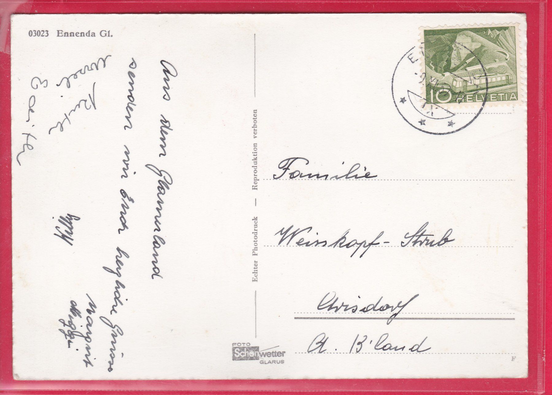 Cartoline postali: ENNENDA GL, 9.11.1950 – Usato da Oberrieden venduto da Gebirgsstelze 1