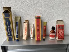 4 scatole vintage + bottiglietta da farmacia
