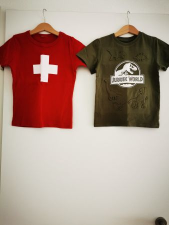 2Kinder T-Shirts: Schweiz-Fahne & Jurassic World,4/5y