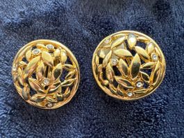 Boucles d'oreilles vintage dorées feuilles strass