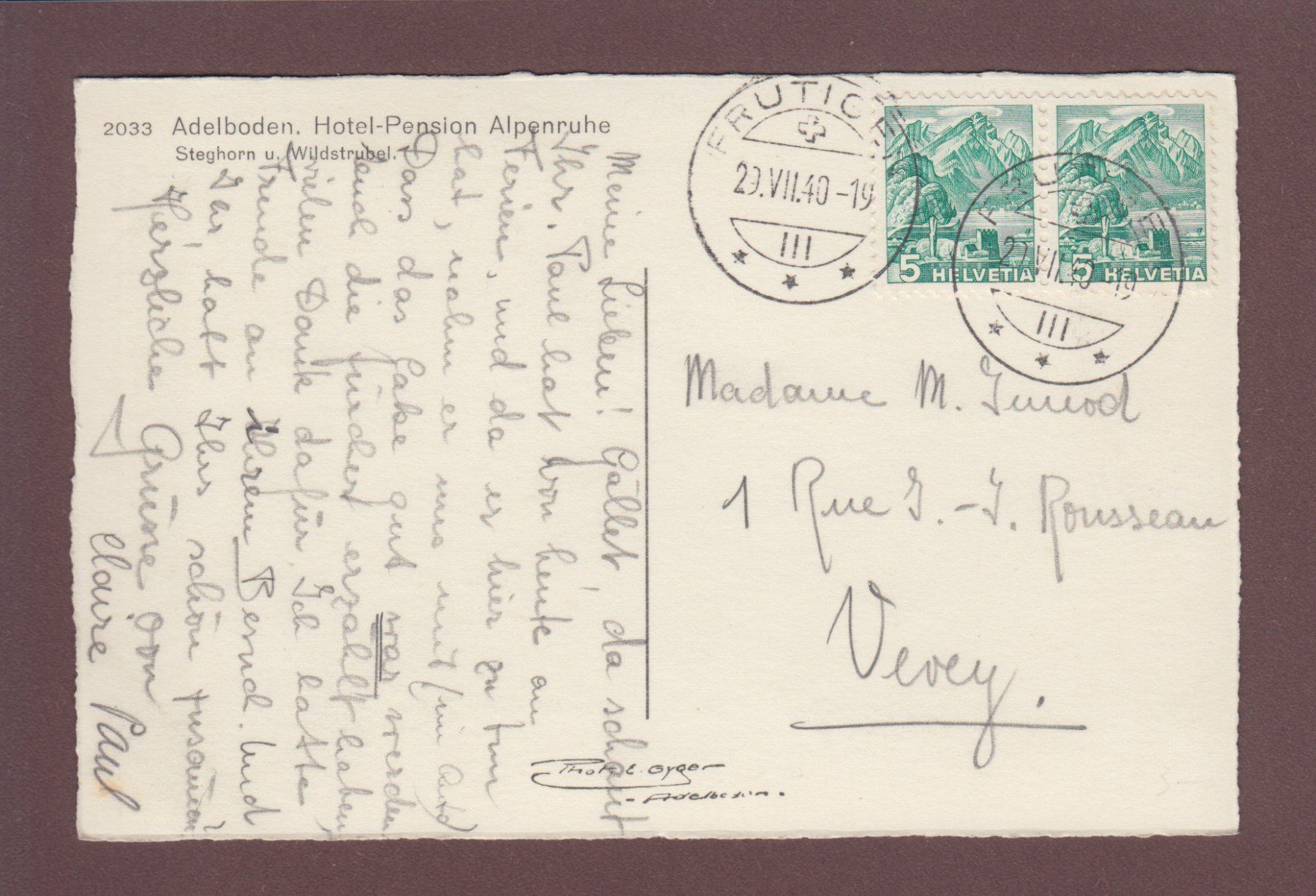 Cartoline postali: ADELBODEN - Hotel Alpenruhe - 1940 – Usato da Pully venduto da nicecards 1