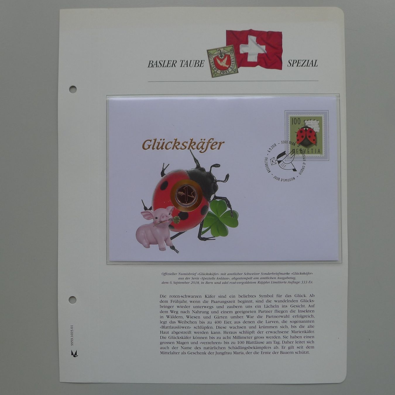 Alle Briefmarken: 2018, NUMISBRIEF: Glückskäfer mit 1 Räppler und Nr.1565 – Gebraucht aus Sursee von Luzernerraute 4