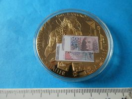 versilberte  Medaille PP 50 mm, 500 Frankennote 1977 m Zerti