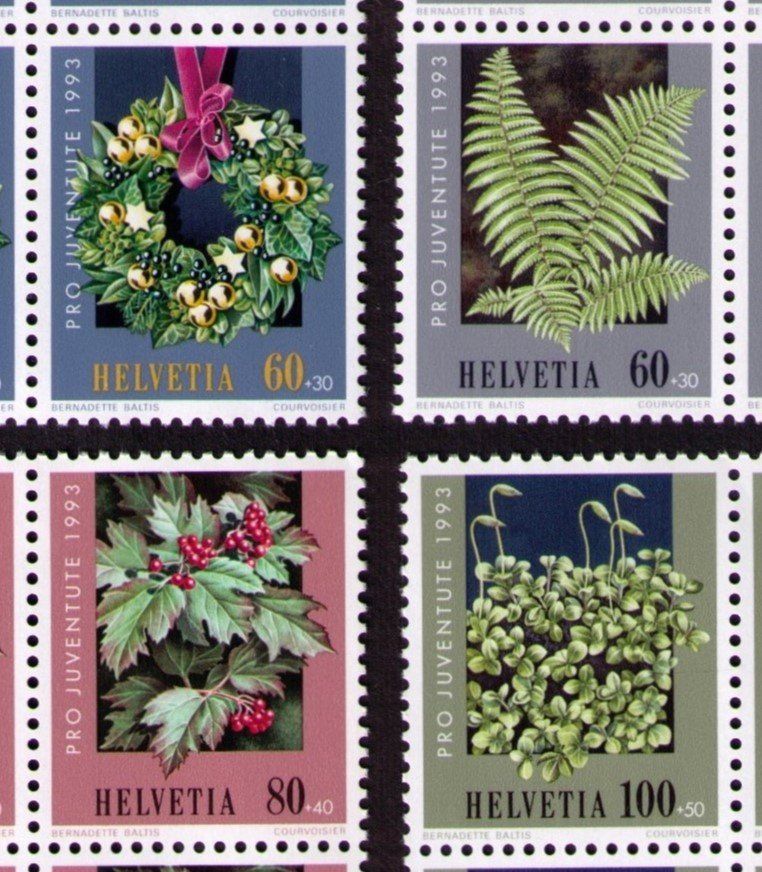 Tutti i francobolli: 1993_J328-31_PRO JUVENTUTE_Weihnachtskranz_Waldpflanzen_Vb** – Usato da Marthalen venduto da Ch_quality 1