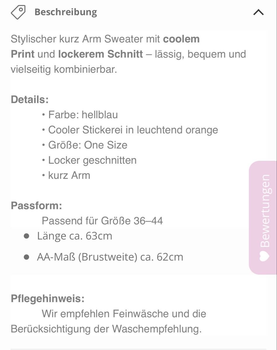 Maglioni & Felpe: Kurzarm Sweater, One Size, Hellblau, neu! – Nuovo e nell'imballaggio originale da Hünenberg See venduto da Tower02 5