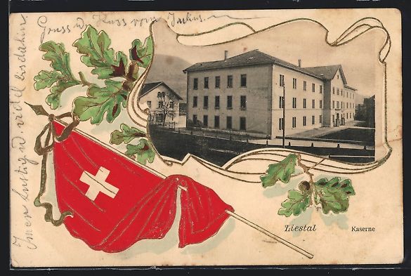 Cartoline postali: Passepartout-AK Liestal, Kaserne, Flagge – Usato da Berlin venduto da bartko-reher