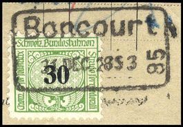 Bahnpost Stempel BONCOURT 31.12.28, Eisenbahnmarke