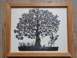 ORIGINAL SCHERENSCHNITT BAUM VÖGEL SIGN. IRIS MÄDER