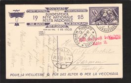  Bundesfeierkarte 1928 ,Zürich - Köln  , gel. 20.Vlll.28