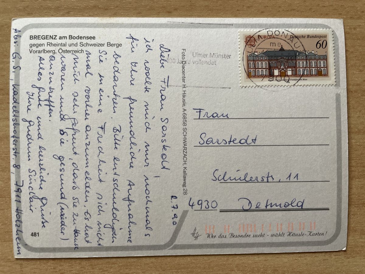 Ansichtskarten: Postkarte Bregenz am Bodensee, Schweizer Berge 1990 – Gebraucht aus Neuhausen am Rheinfall von  1