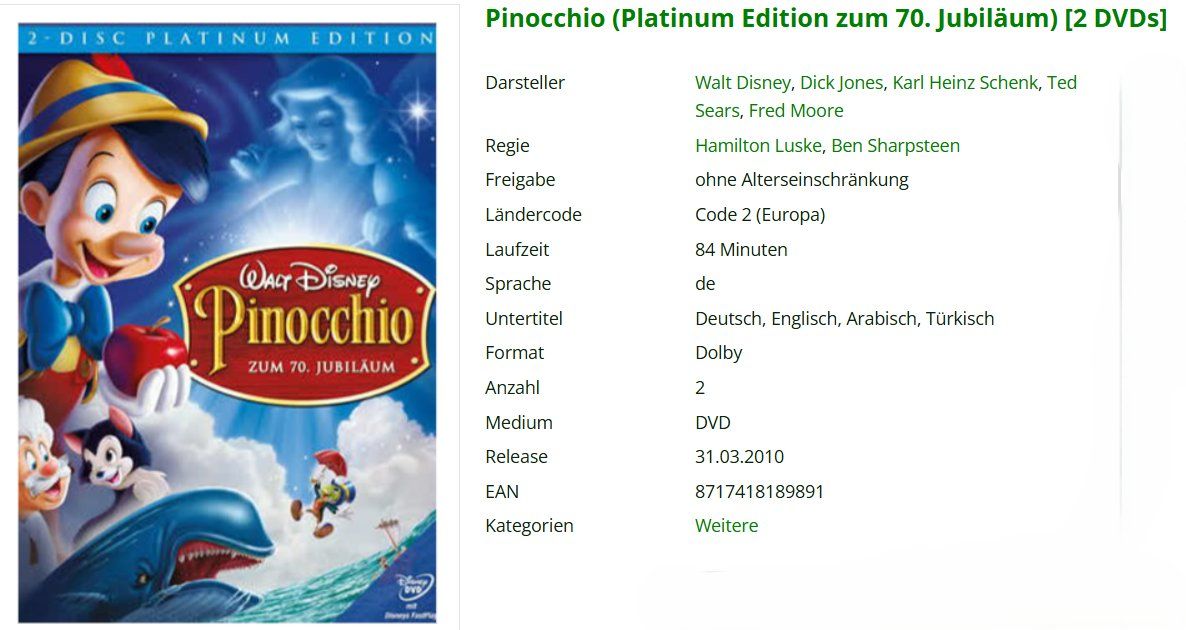Tutti i DVDs: Pinocchio - DVD zum 70. Jubiläum – Usato da Urdorf venduto da Muluk 1