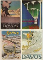 4 Künstlerkarten, Werbung, Reklame Davos, Graubünden