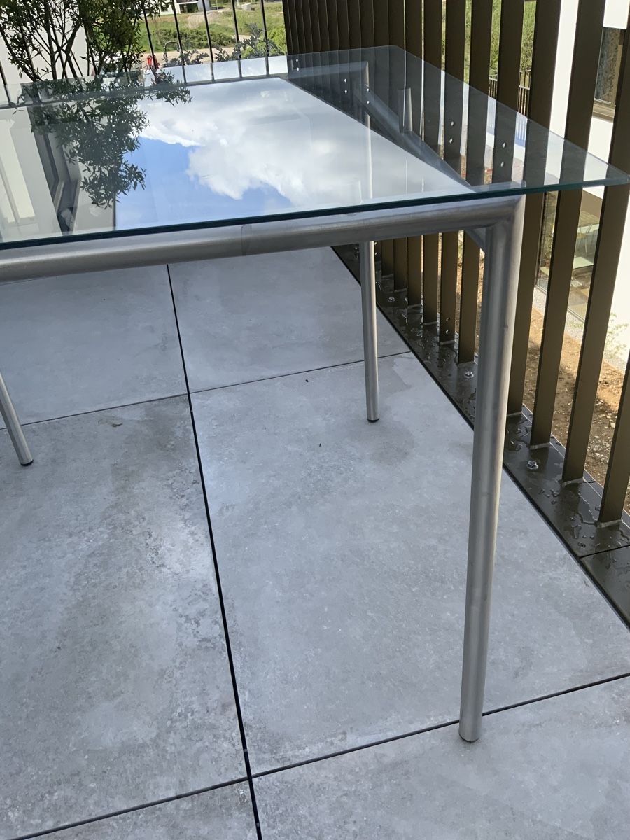 Tavoli: Moderner Glastisch, Edelstahl, Balkon- oder Gartentisch – Usato da Olten venduto da nachTagetes 2