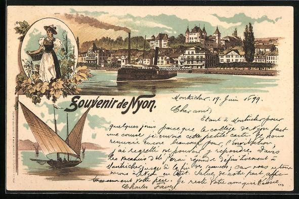 Ansichtskarten: Lithographie Nyon, Panorama, 1899 – Gebraucht aus Berlin von bartko-reher