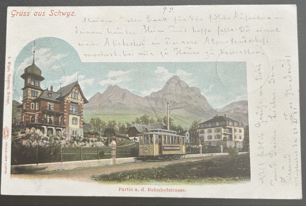 Cartoline postali: Gruss aus Schwyz mit Strassenbahn  – Usato da Horw venduto da Tellbub