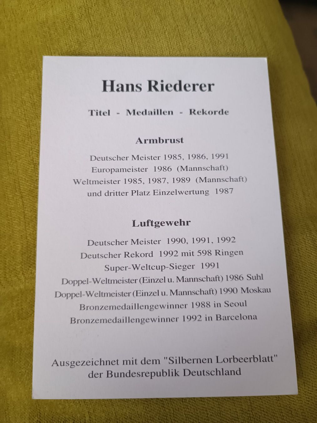 Autografi: Hans Riederer - Olympia Bronze – Usato da Menziken venduto da Artographs 1